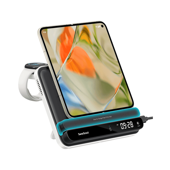 Charging Station for Pixel 9 Pro Fold/Pixel Fold/9 Pro/8 Pro/8a/7, Wireless Charger for Pixel Watch 3/2/Fitbit Versa 4/3/Sense 2/ACE LTE (Not for Pixel Watch 1),  SwanScout 710FG2