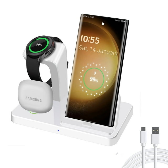Charging Station for Samsung Devices, FDGAO 3 in 1 Fast Charging Stand for Galaxy S23/S22/S21/S20,Note 20/10,A54/A53/A51 & Galaxy Buds, Wireless Charger for Galaxy Watch 5 Pro/5/4/3/Active 2/1, White