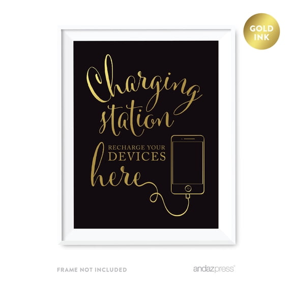 Charging Station Snap Chat, Instagram and Tweet Away, Recharge Your Phone Here Black and Metallic Gold Wedding Signs