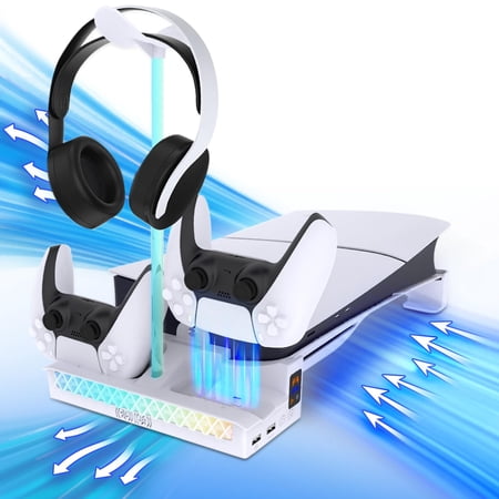 Cooling Station for PS5/PS5 Slim Console Disc/Digital Edition, PS5 Controller Charger with Dual, PS5 Stand for 3-Levels Cooling Fan, Removable Headset, Vertical Cooling Stand Holder