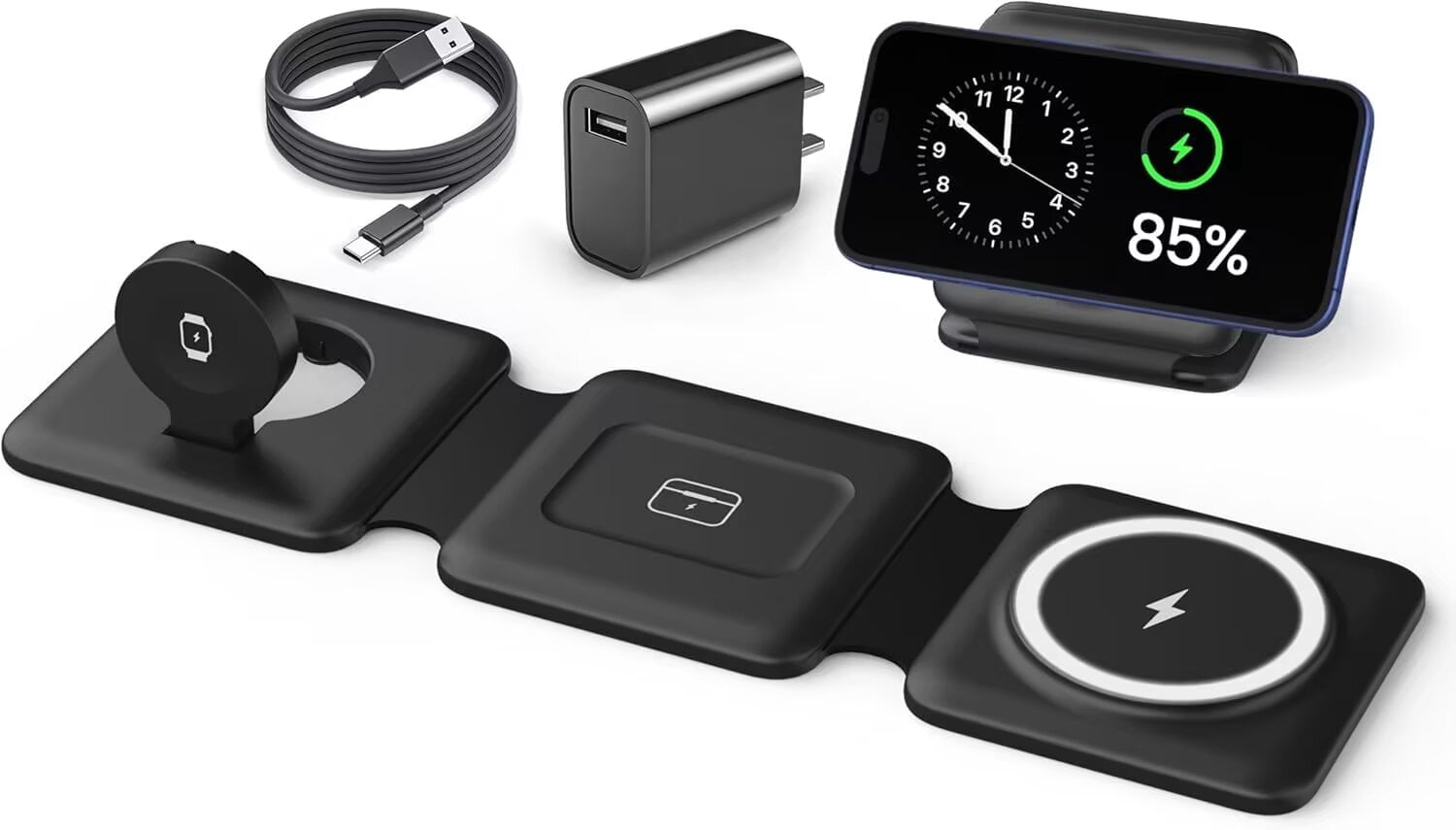 Charging Station for Apple Multiple Devices - Travel Charging Pad for iPhone 12-17 Pro Max Plus Watch & Airpods（Black）