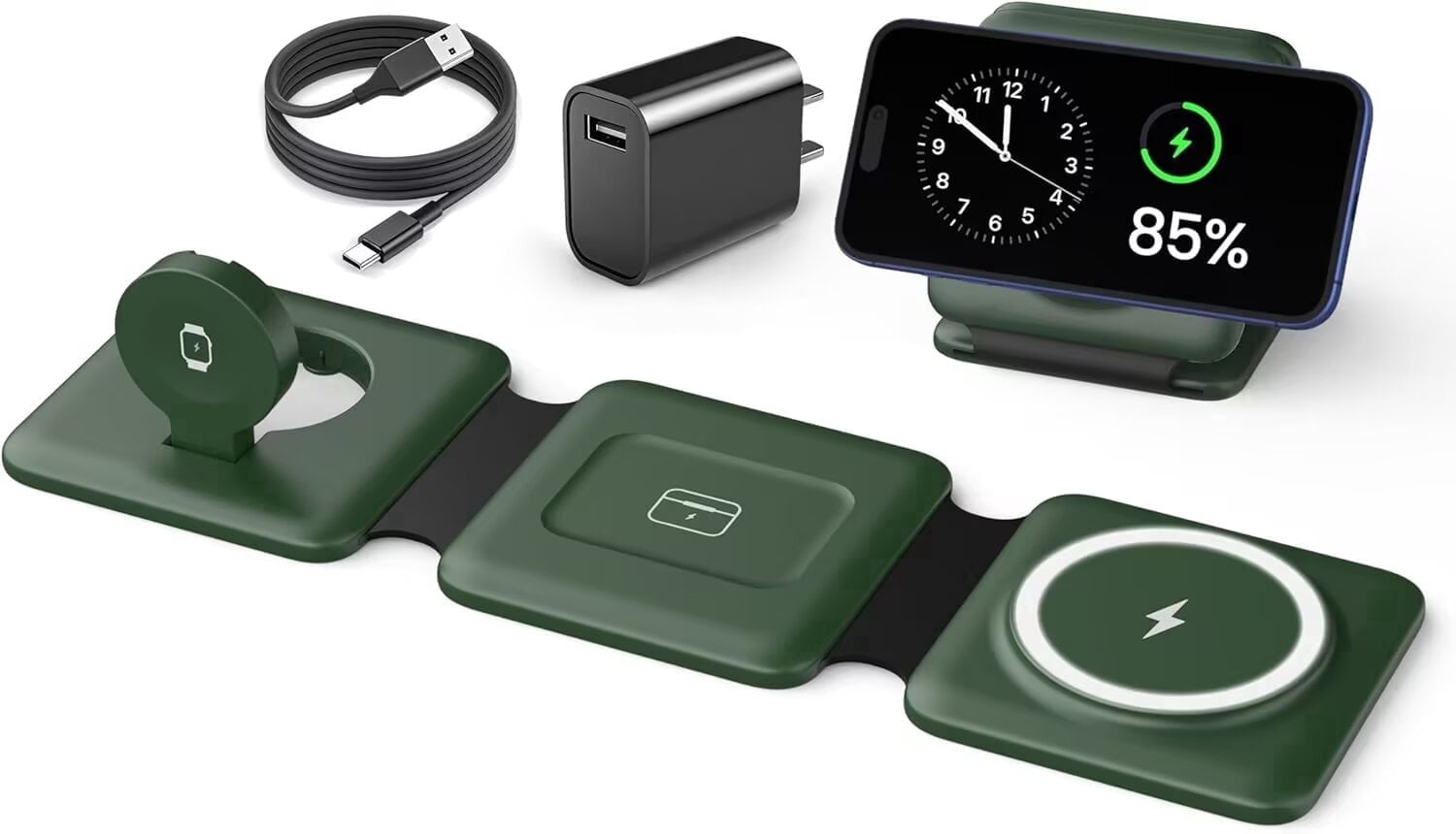 Charging Station for Apple Multiple Devices - Travel Charging Pad for iPhone 12-17 Pro Max Plus Watch & Airpods（Green）