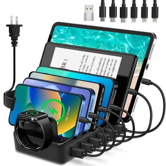 Charging Station for Multiple Devices, 50W 6-Ports USB Charging Station with10-Slot, Detachable Dividers, Watch Holder (6 Cables Included), Black