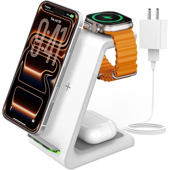 Charging Station for iPhone and Apple Watch: 3 in 1 Wireless Phone Charger Stand for iPhone 17 16 15 14 13 12 11 Pro Max & AirPods, Bedside Nightstand Docking