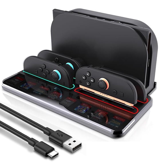 Charging & Storage Station for Switch 2/Joy Con, 4-in-1 Charger Stand with 8 Game Card Slots, Foldable Portable Design, Charges 4 Joy Con2 Simultaneously with LED Indicator (Black)