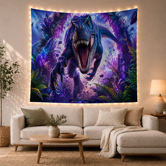 Charging T-Rex Dinosaur in a Mystical Crystal Jungle, Dramatic Fantasy Art for Dinosaur Enthusiasts, Prehistoric Decor, Birthday Gift Tapestry Wall Hanging for Bedroom, Dorm and Teen Room
