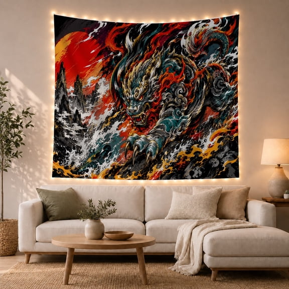 Charging Teal Dragon with Red Rising Sun and Jagged Mountain Spires, Dramatic Fantasy for Fantasy Decor Lovers, Asian Wall Art, Housewarming Gift Tapestry Wall Hanging for Living Room and Bedroom