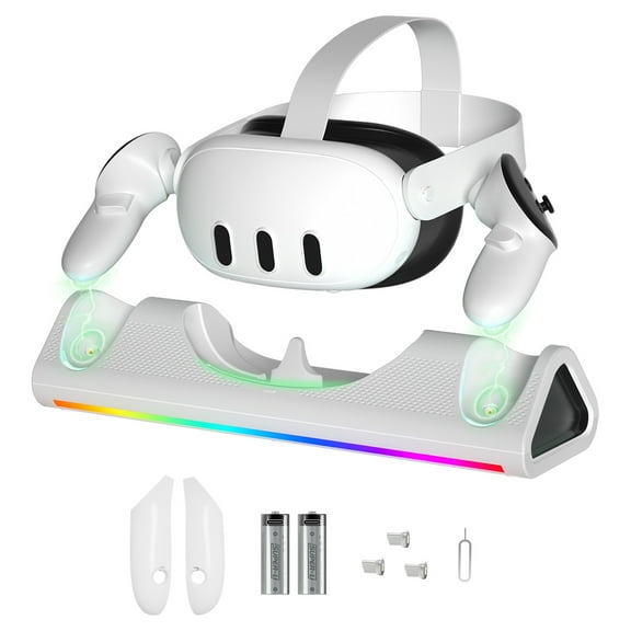 Charging Dock Compatible With Meta Quest 3, Magnetic Fast Charging Station For VR Headsets and Controllers, Featuring RGB Led Indicators and Containing Two 1800mah Rechargeable Batteries-White