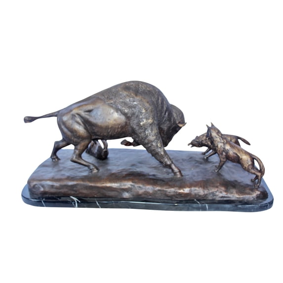 Nifao Charging bison v. Wolves bronze statue – Home Decor Sculpture, 36"L x 17"W x 17"H