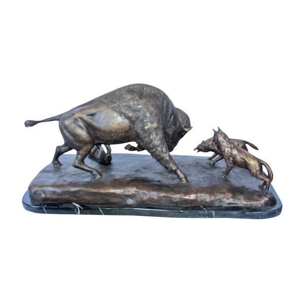 Charging bison v. Wolves bronze statue - Size: 36"L x 17"W x 17"H.