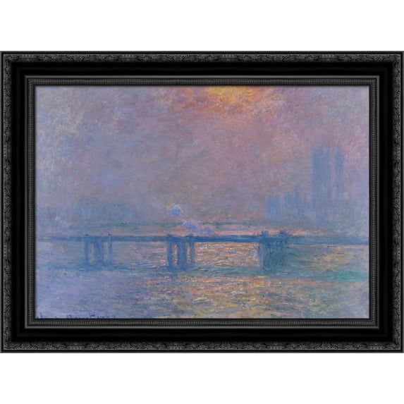 Charing Cross Bridge, The Thames 24x20 Black Ornate Wood Framed Canvas Art by Monet, Claude