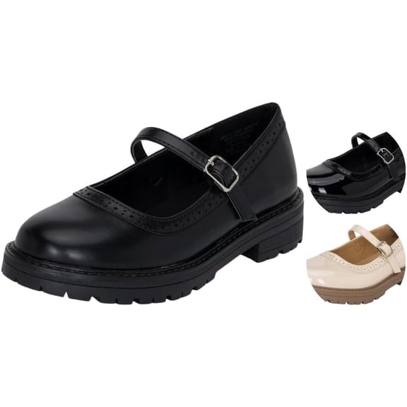 Chariot & Co: Anita-IIS - Girls' Mary Jane Lug Sole Heeled Loafers with Adjtable Buckle for School or Cosplay (Black Pu, 3)
