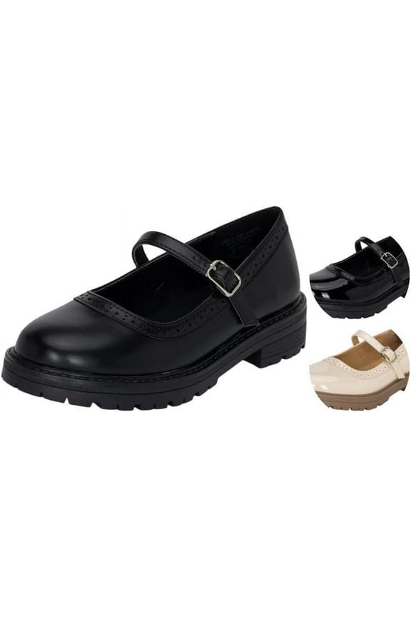 : Anita-IIS - Girls' Mary Jane Lug Sole Heeled Loafers with Adjtable Buckle for School or Cosplay (Black Pu, 5)