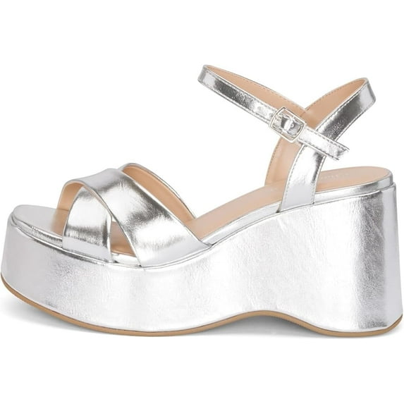 Chariot & Co Daystar Women's Open Toe Ankle Strap Wedge Heels Platform Trendy Sandals, Silver, Size 7