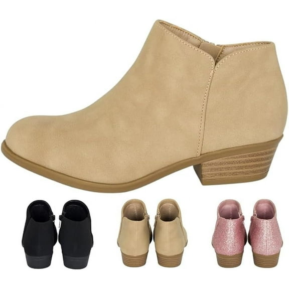 Chariot & Co - Garza IIS: Girls Round Toe Stacked Heel Zipper Western Ankle Boot for Kids (Beige NB, 5)