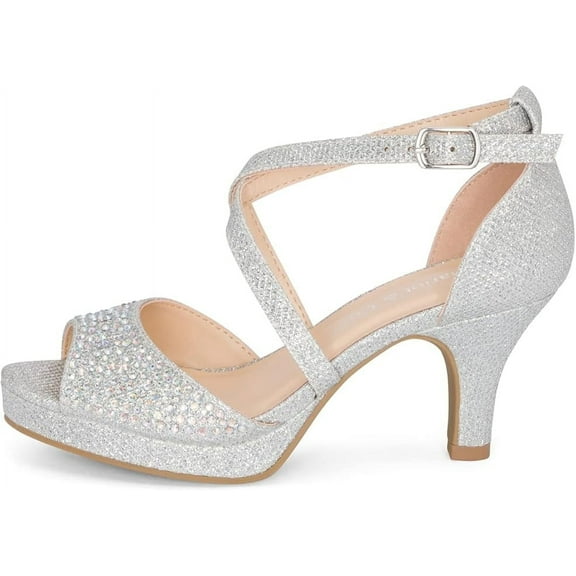 Chariot & Co Ginger-IIS - Girls' Rhinestone Strappy Open Toe Shimmer Ankle Strap Platform Party Sandals, 2.5" Kitten Heel (Silver Shimmer, 1)
