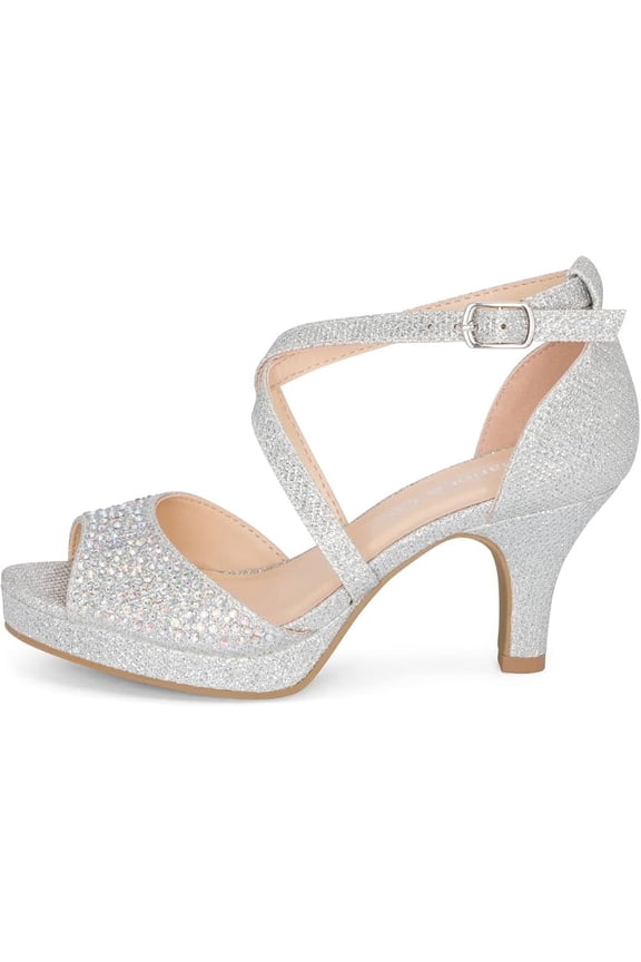 Ginger-IIS - Girls' Rhinestone Strappy Open Toe Shimmer Ankle Strap Platform Party Sandals, 2.5" Kitten Heel (Silver Shimmer, 1)