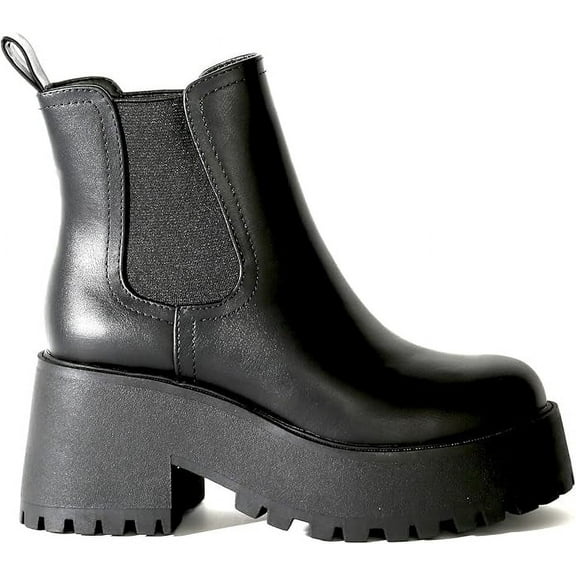 Chariot & Co: Lena- Women's Fashion Chunky Lug Sole Boot Round Toe Chelsea Elastic Booties (Black PU, 9)