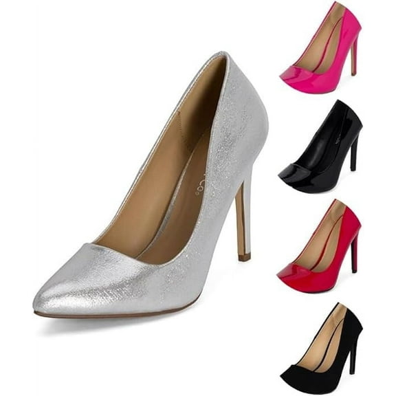 Chariot & Co: Mall- Womens Pointed Toe Stiletto Pumps - 4" Heels, Wedding and Dress Shoes Heel (Silver Shimmer, 6.5)