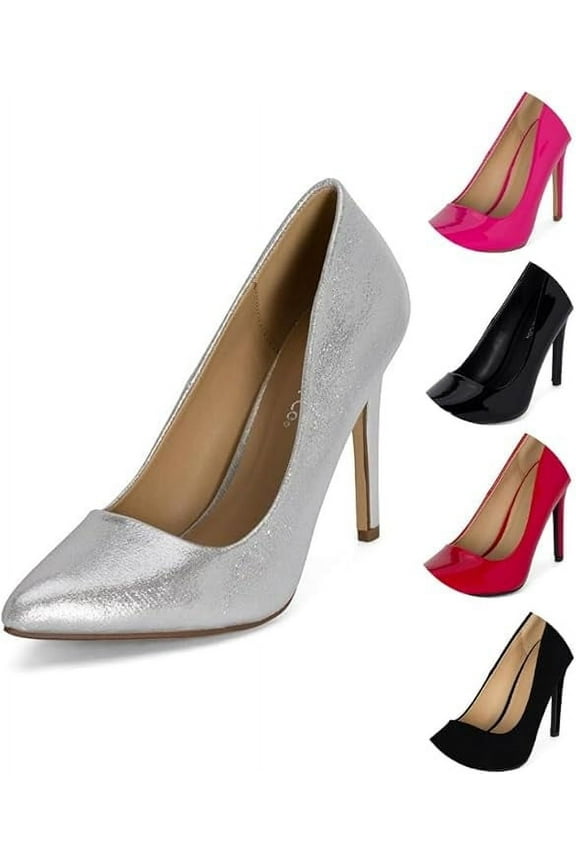 : Mall- Womens Pointed Toe Stiletto Pumps - 4" Heels, Wedding and Dress Shoes Heel (Silver Shimmer, 6.5)
