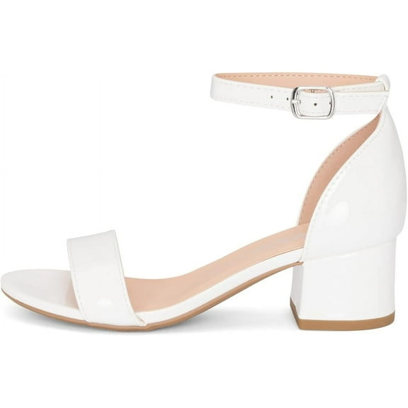 Chariot & Co - Match-IIS- Kids/Children/Girls Single Band Adjustable Ankle Strap Low Block Heels w/ Comfortable Sole- Dress/Casual Pump Sandals (White Pat,5)