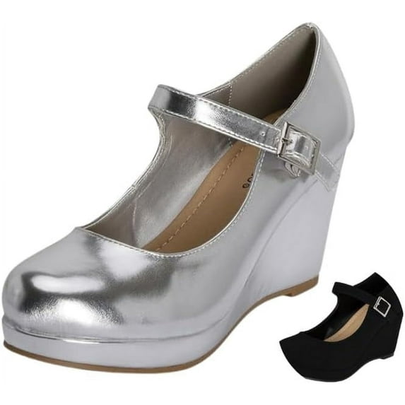 Chariot & Co: Nova - Womens Mary Jane Platform Wedge Pumps - Comfort Chion Ankle Strap Office Party Dress Shoes (Silver, 5.5)