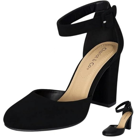 Chariot & Co: Posh- Women's Round Toe Ankle Strap Buckle High Heel Dress Pumps - Comfort Foam Sandals (Black Nbpu, 7)