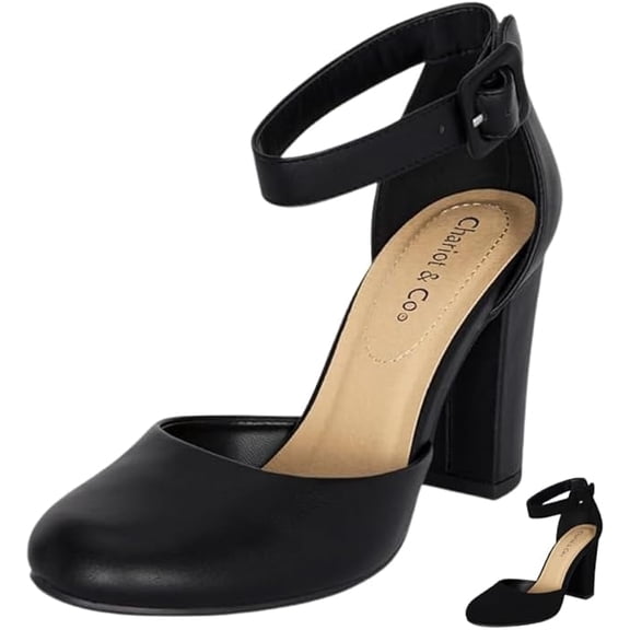 Chariot & Co: Posh- Women's Round Toe Ankle Strap Buckle High Heel Dress Pumps - Comfort Foam Sandals (Black Pu, 8)
