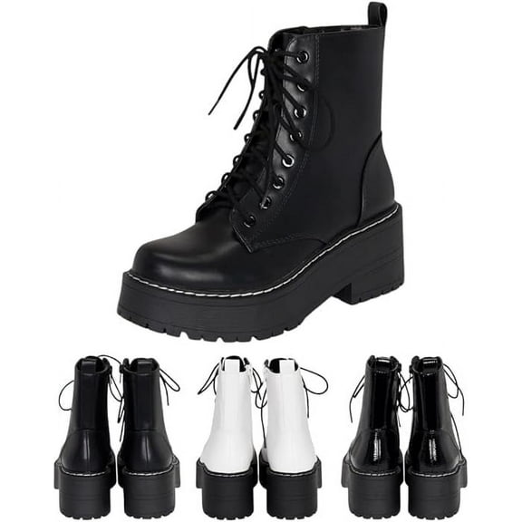 Chariot & Co Pure Women's Chunky Lug Sole Combat Lace-Up Fashion Ankle Boots, Black, 5.5