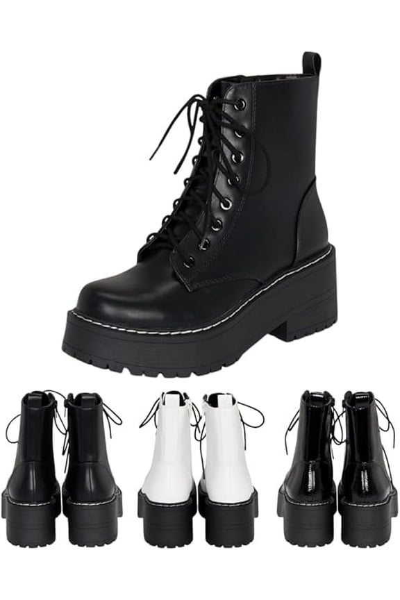 Pure Women's Chunky Lug Sole Combat Ankle Boots, Lace-Up Fashion, Black, 7.5