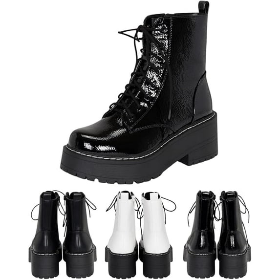 Chariot & Co Pure presents Women's Chunky Lug Sole Combat Lace-Up Fashion Ankle Boots with Side Zipper(Black Patent, 12)