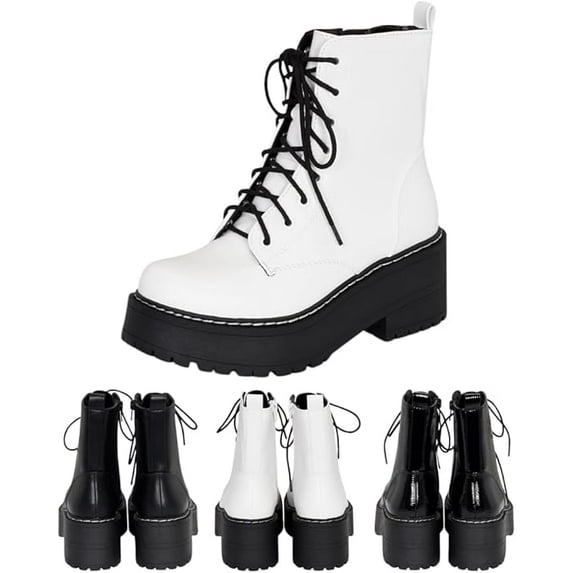 Chariot & Co Pure presents Women's Chunky Lug Sole Combat Lace-Up Fashion Ankle Boots with Side Zipper(White PU/Black, 8.5)
