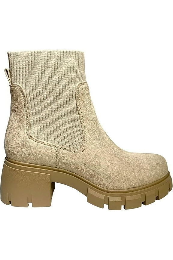 Rita- Women's Platform Ankle Elastic Boots Chunky Chelsea Lug Sole Booties Block Heel Combat Shoes (L-Wheat ISU, 7.5)