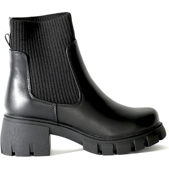 Chariot & Co: Rita - Women's Platform Chelsea Booties with Elastic Chunky Block Heel and Lug Sole(Black PU,7.5)
