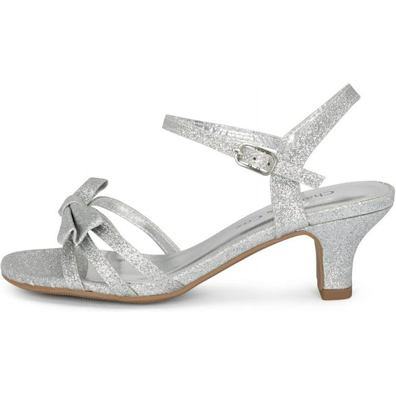 Chariot & Co - Time-IIS - Girls' Glitter Bow Open Toe Slingback 2" Kitten Heel Sandals , Silver Glt, 2