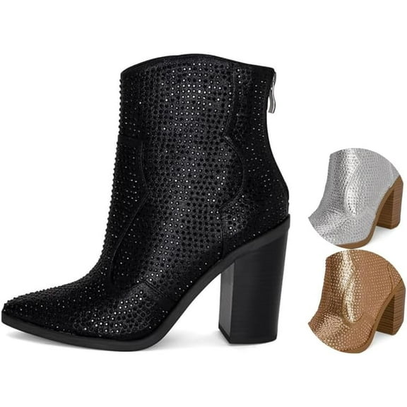 Chariot & Co: Wyatt- Womens Rhinestone Western Cowboy Sparkly Booties Zipper Stacked Block Heel Boots (Black, 12)