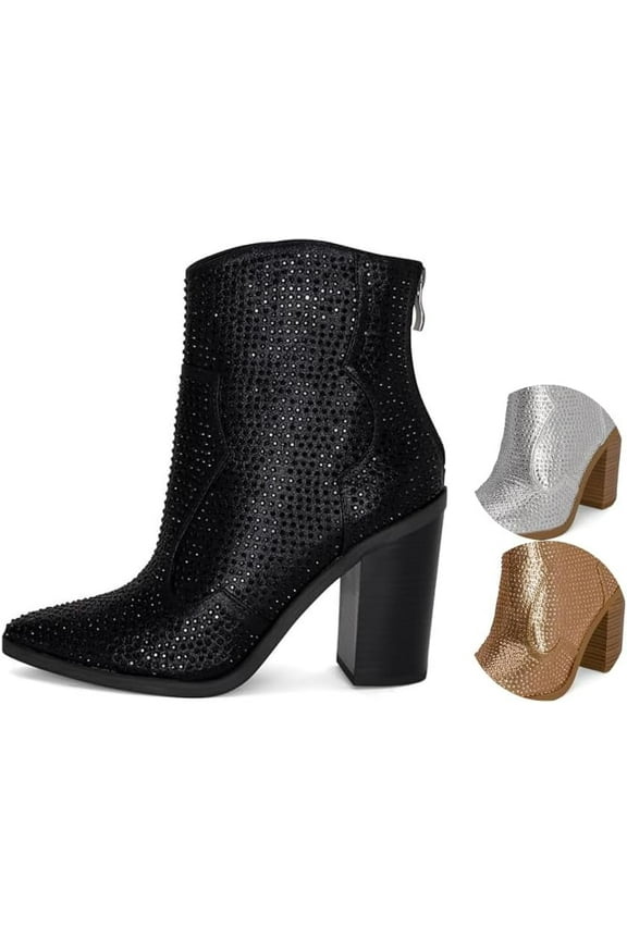 : Wyatt- Womens Rhinestone Western Cowboy Sparkly Booties Zipper Stacked Block Heel Boots (Black, 12)