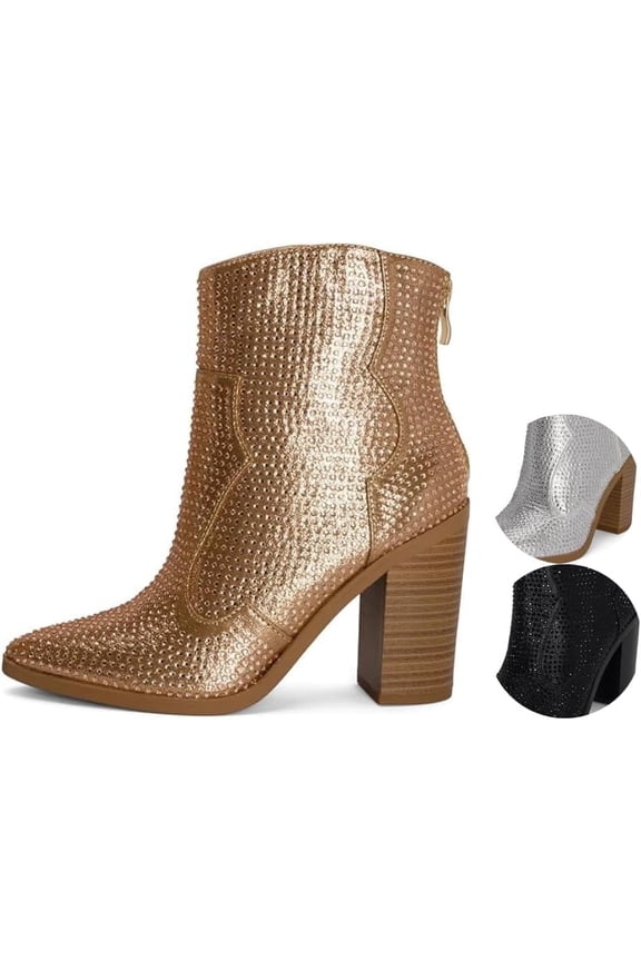 Wyatt Women's Boots - Rhinestone Western Cowboy Sparkly, Zipper Stacked Block Heel, Deep Gold, Size 12