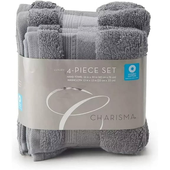 Charisma New Soft and Luxurious 4 Piece Towel Set | 2 Hand Towels and 2 Wash Cloths (Dark Grey)