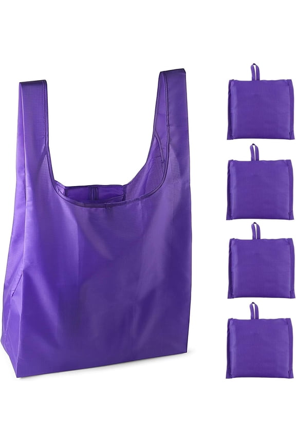 Reusable Grocery Bags, Grocery Tote Foldable into Attached Pouch, Ripstop Polyester Reusable Shopping Bags, Washable,Reinforced Durable and Lightweight Bag Purple