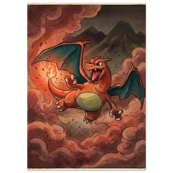 Charizard Dark Fire Wall Art with Intense Flame Aura, Japanese Ukiyo-e Inspired Dragon Illustration for Bold Interior Display Size 24x36 Unframed Poster