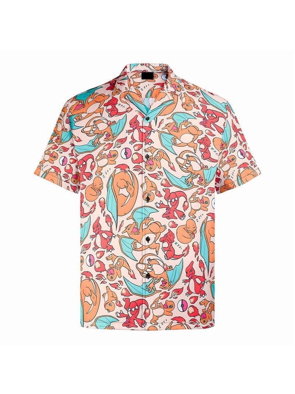 Charizard Hawaiian Shirt for Men – Vibrant Orange Cartoon Print, Cool and Comfortable Tropical Gift – Fun Menswear for Gamers, Anime Fans & Summer Beach Vibes | M