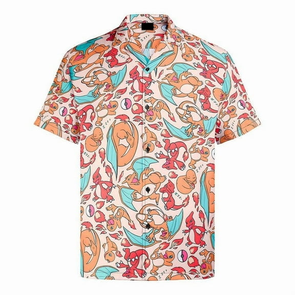 Charizard Hawaiian Shirt for Men – Vibrant Orange Cartoon Print, Cool and Comfortable Tropical Gift – Fun Menswear for Gamers, Anime Fans & Summer Beach Vibes | XL