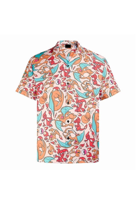 Charizard Hawaiian Shirt for Men – Vibrant Orange Cartoon Print, Cool and Comfortable Tropical Gift – Fun Menswear for Gamers, Anime Fans & Summer Beach Vibes | XL