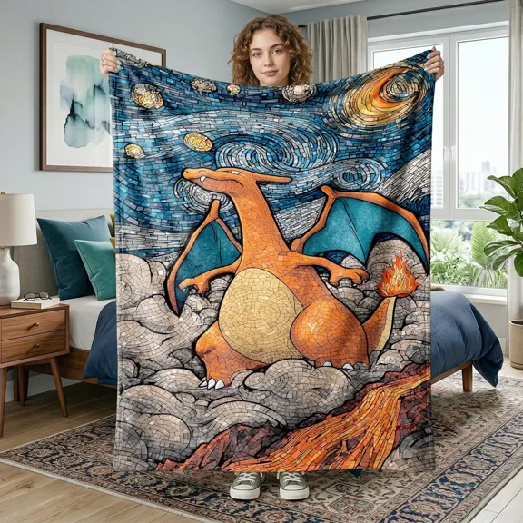 Charizard Mosaic Fleece Blanket, Fantasy Dragon Throw Blanket, Stained Glass Art Flannel Blanket with Fire Dragon, Moon, Starry Sky & Clouds, Soft Cozy Graphic Blankets for Couch, Bed, Office