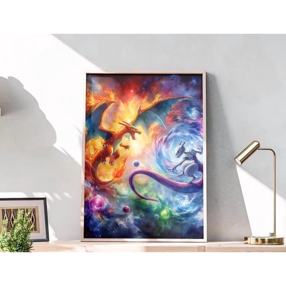 Charizard Poster, Game Mewtwo Poster, Watercolor Poster Wall Art, Minimalist Art Painting, Pokemon Poster Print, Home Decor 24x36 UNFRAMED