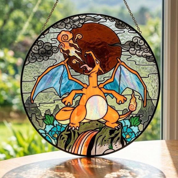 Charizard Stained Glass Suncatcher, Japanese Art Anime Window Hanging, Fire Dragon Glass Panel Decor, Cool Gamer Room Art, Geeky Gamer Gifts