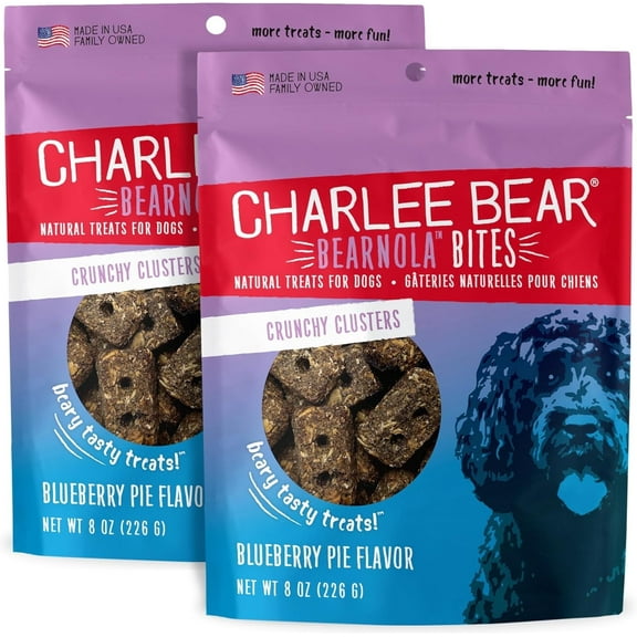 Charlee Bear Crunchy Dog Treats, Bearnola Bites Blueberry Pie, Puppy Training Treats, Vegan Dog Snacks, 8 oz Bags (2), Made USA