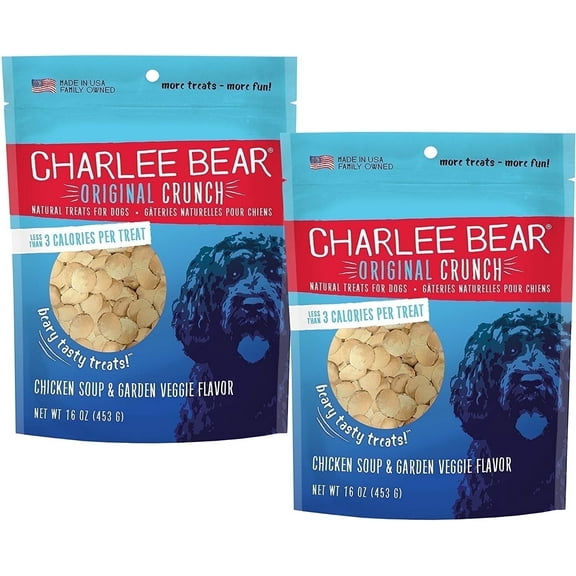 Charlee Bear Dog Training Treats for Small, Medium, or Large Pups, Crunchy Low Cal Dog Snack for Puppy Training, Made in USA (Chicken Soup & Garden Veggie) 16oz, 2 Pack