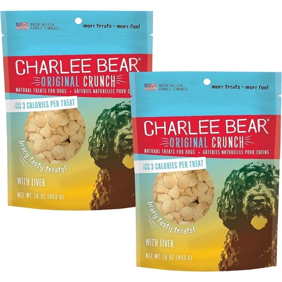 Charlee Bear Original Crunch with Liver Dog Treats, 16 oz (2-Pack) - Made in the USA Natural Training Treats for Dogs